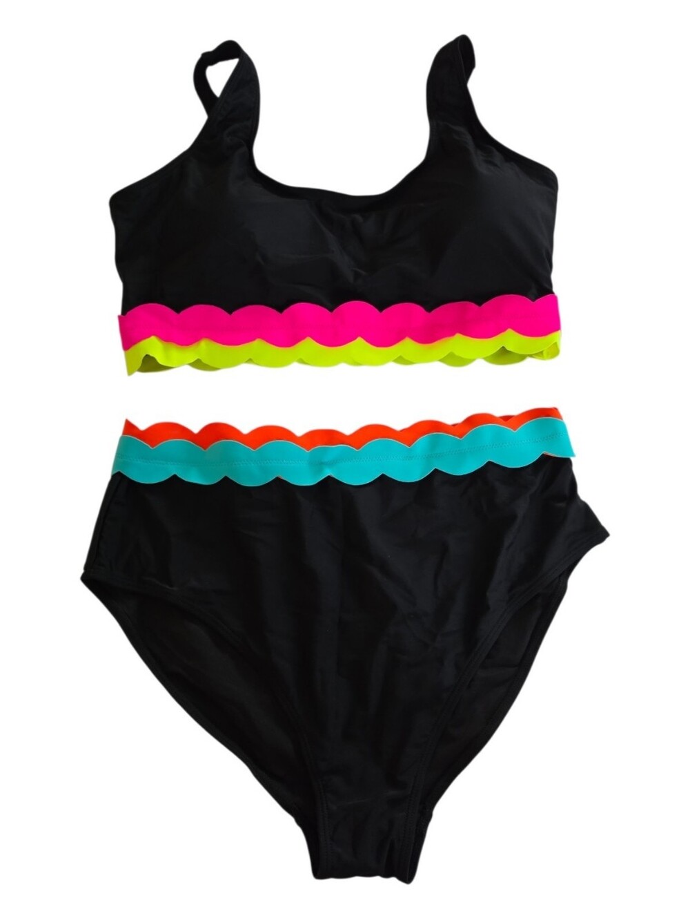 NWT XL Black Neon Scallop Trim High-Waisted 2-Piece Bikini Swimsuit - Picture 2 of 6